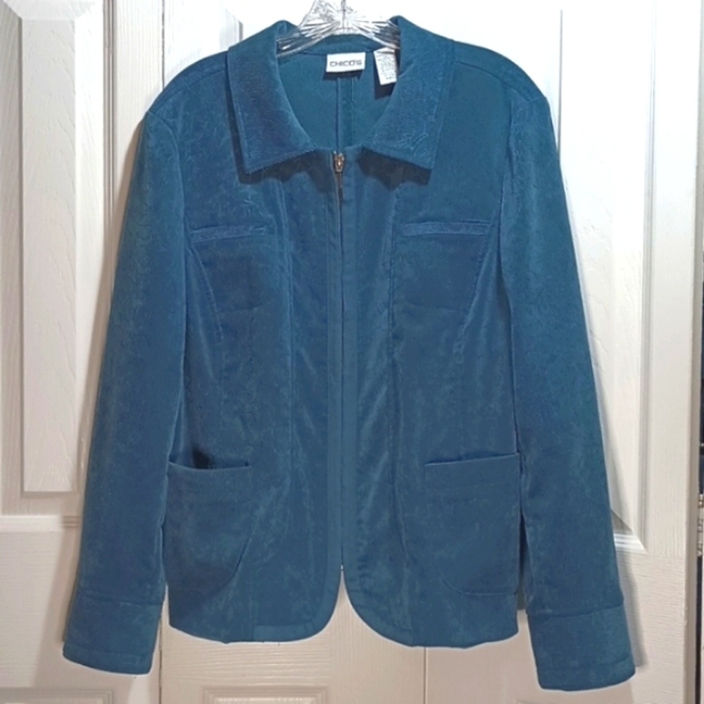 Chico's Dark Teal Fall Floral Watermark Corduroy Zip Blazer Jacket with …